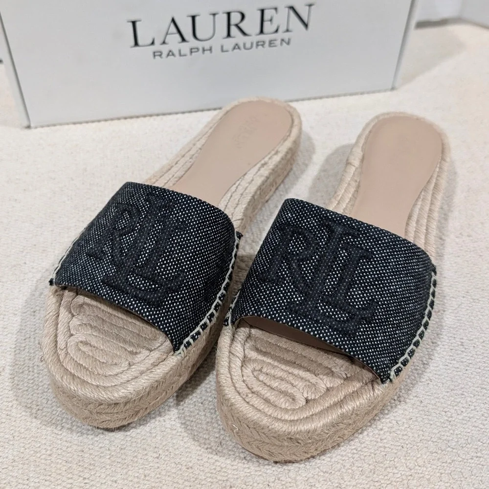 Lauren Ralph Lauren Polly Logo 2 Espadrille Slide Sandals Natural Black 7B NIB